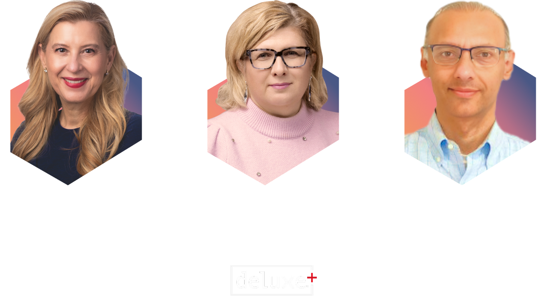 Webinar speaker photos — Nicky Senyard (Fintel Connect), Katya Nieburg-Wheeler (Deluxe), and Yogesh Mehra (Neu Money).
